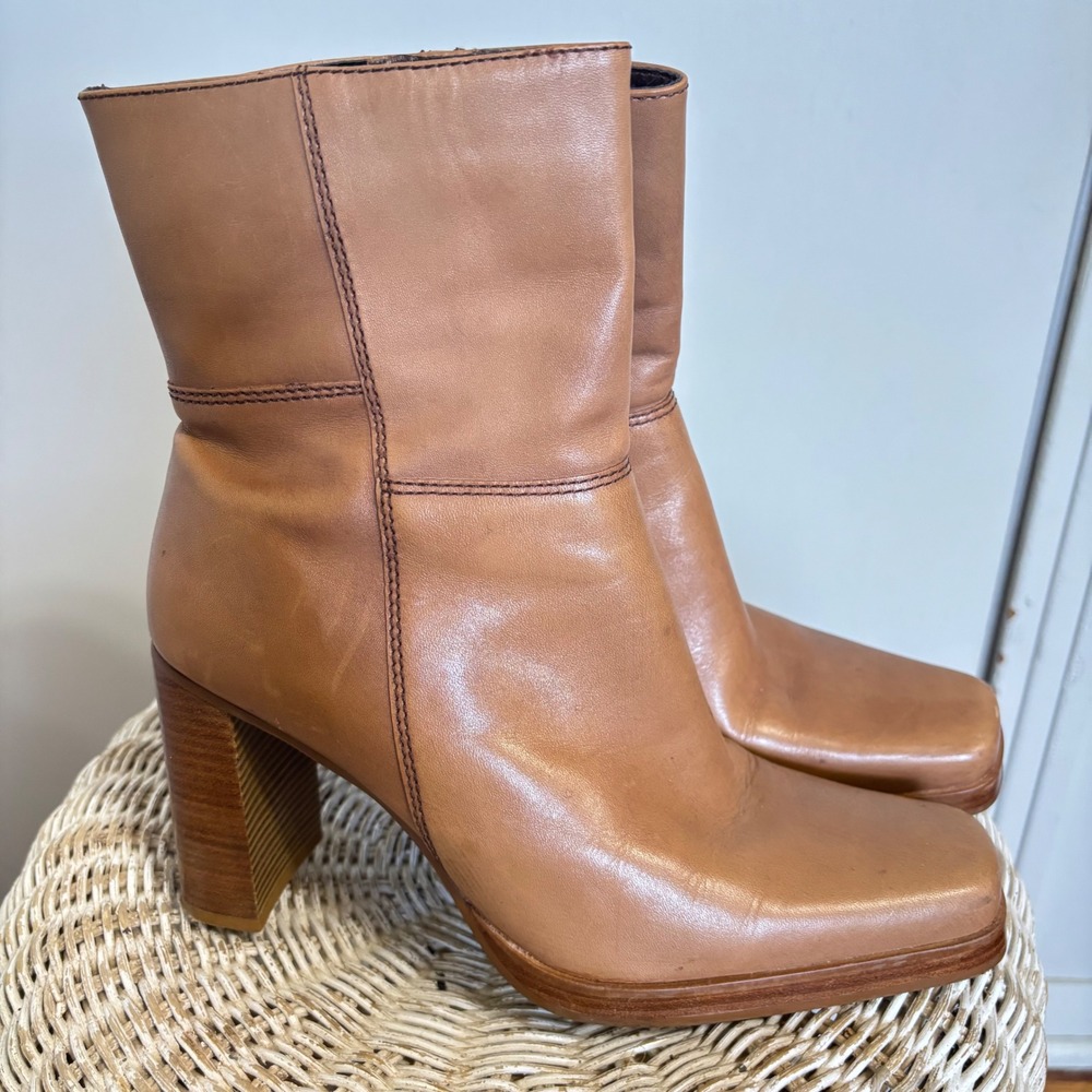 Vintage Candies Tan Leather Square Toe Block Heel Boots 90s Y2K Made in Brazil 8